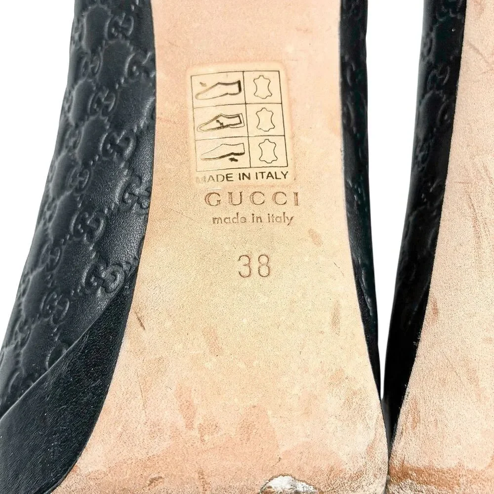 Gucci Microguccissima Black Peep Toe Pumps 38 Block High Heel GG Logo Leather - Picture 12 of 12